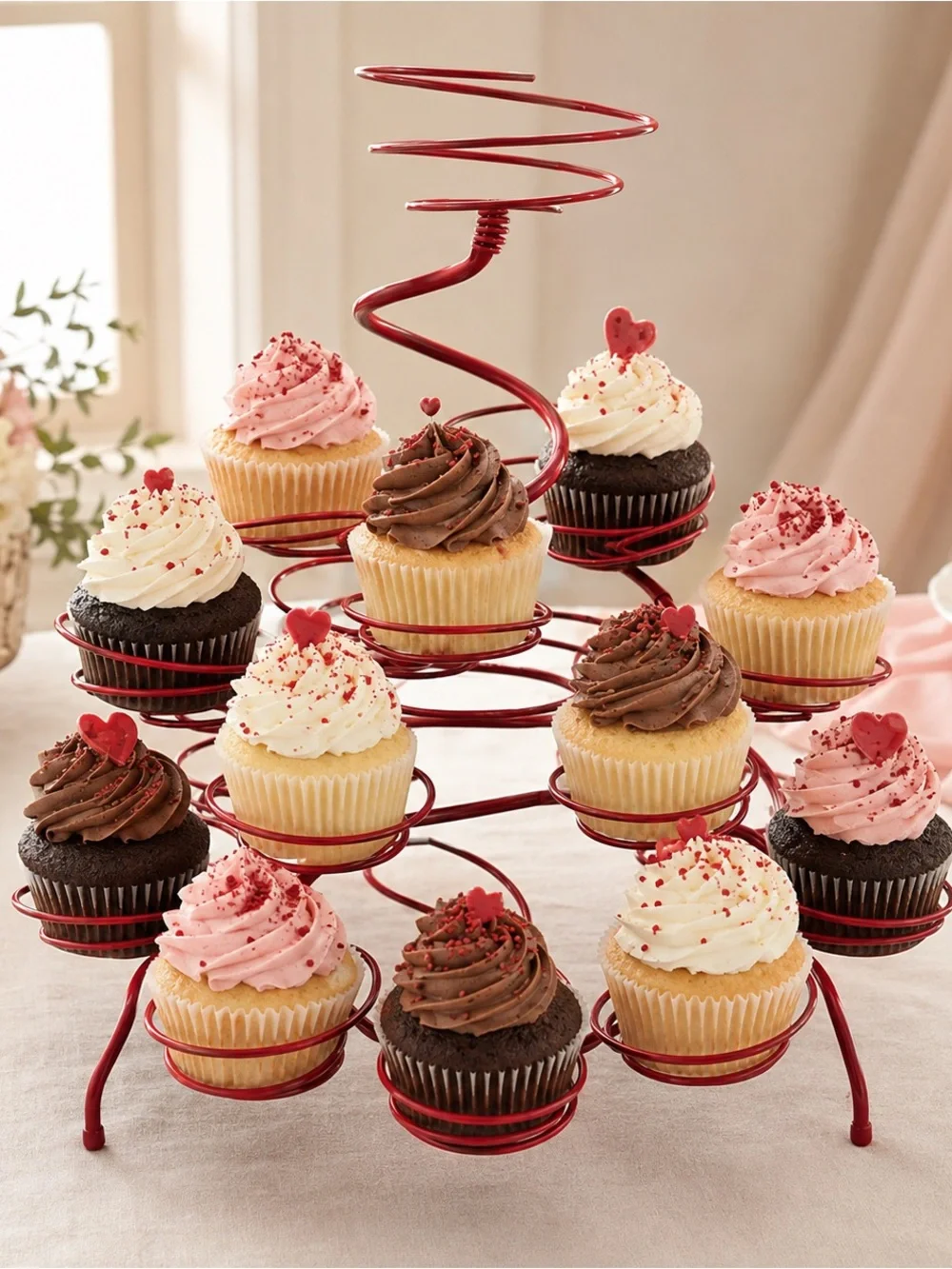 Red Spiral Wire 13-Cupcake Tiered Dessert Display Stand Holder
